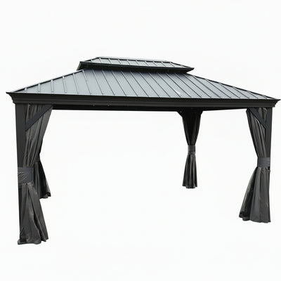 10 Ft.X 14 Ft. Gray Aluminum Power-Coated Frame Galvanized Steel Double Roof Hardtop Gazebo,Hooks, Netting,Gray Curtain