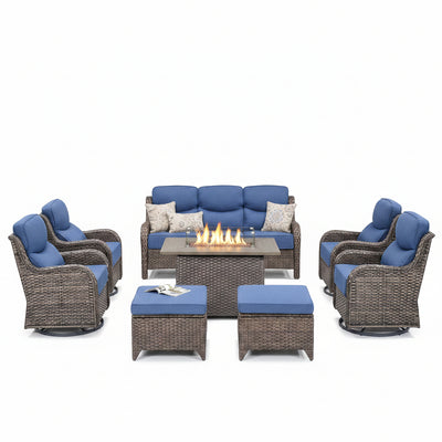 Luxury Patio Furniture Set with 6-Inch Thick Cushion, Outdoor Furniture with Fire Pit Table, Swivel Chairs, Sofa, Side Table, Ottomans, 9Pcs Wicker Conversation Set (Brown Wicker | Blue Cushion)