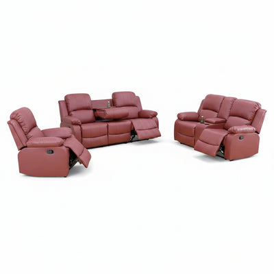 Leather Recliner Sofa Set，Leather Reclining Couch for Living Room Furniture Sets，Red Recliner Couch with 5 Recliners for Living Room/Office/Theater Seating(Sofa Set 3 Pieces)