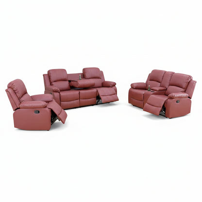 Leather Recliner Sofa Set，Leather Reclining Couch for Living Room Furniture Sets，Red Recliner Couch with 5 Recliners for Living Room/Office/Theater Seating(Sofa Set 3 Pieces)
