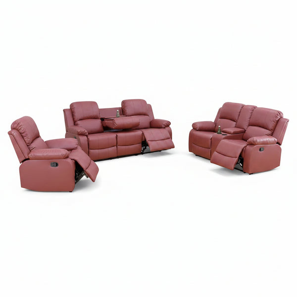 Leather Recliner Sofa Set，Leather Reclining Couch for Living Room Furniture Sets，Red Recliner Couch with 5 Recliners for Living Room/Office/Theater Seating(Sofa Set 3 Pieces)