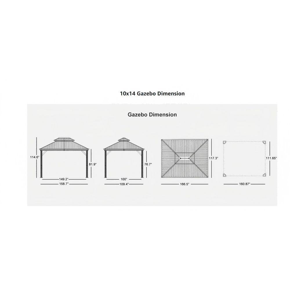 10 Ft.X 14 Ft. Gray Aluminum Power-Coated Frame Galvanized Steel Double Roof Hardtop Gazebo,Hooks, Netting,Gray Curtain