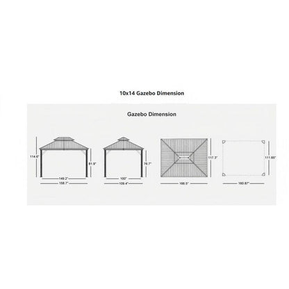 10 Ft.X 14 Ft. Gray Aluminum Power-Coated Frame Galvanized Steel Double Roof Hardtop Gazebo,Hooks, Netting,Gray Curtain