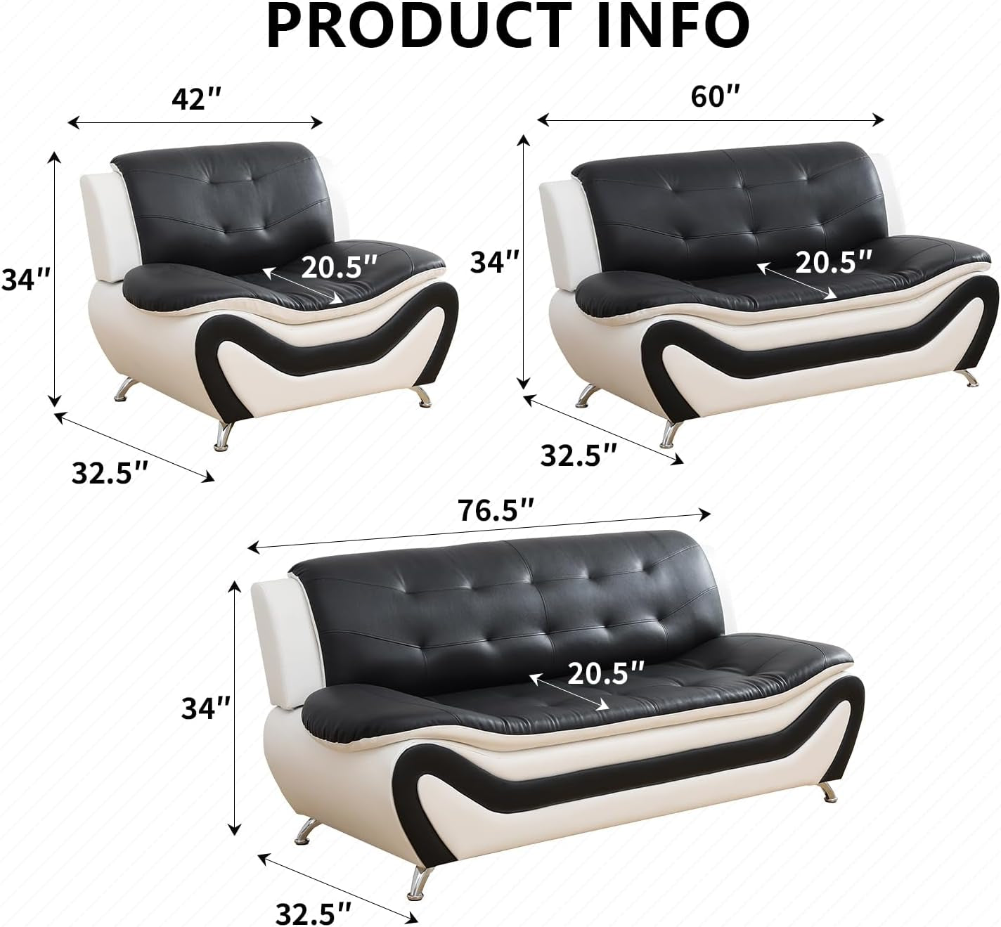 Leather Sofa Set,Leather Sofa Set for Living Room Furniture Sets, Loveseat Sofa with Chair 3-Piece for Living Room/Office/Apartment(Black&White)