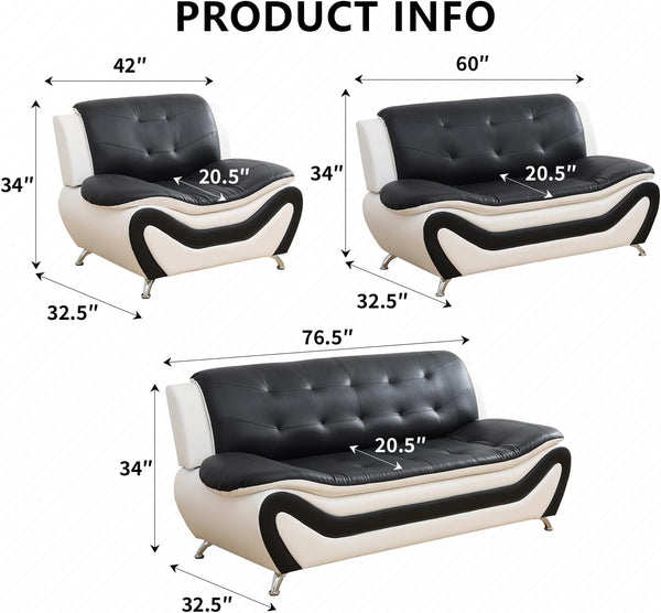 Leather Sofa Set,Leather Sofa Set for Living Room Furniture Sets, Loveseat Sofa with Chair 3-Piece for Living Room/Office/Apartment(Black&White)