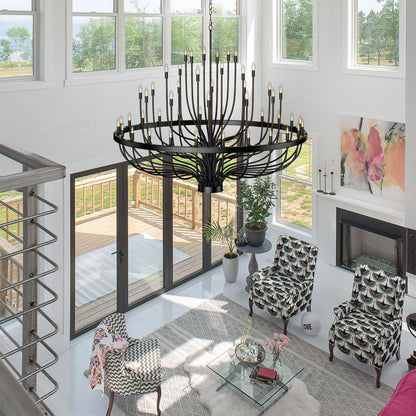 48 Light Large Black Candle Style Wagon Wheel Farmhouse Traditional Chandelier for High Ceilings Foyer Dining Room