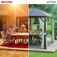 10' X 12' Hardtop Gazebo Canopy with Polycarbonate Roof, Aluminum Frame, Permanent Pavilion Outdoor Gazebo with Curtains for Patio, Garden, Backyard, Deck, Lawn, Dark Brown, Off-White — Before & After