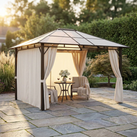 10' X 12' Hardtop Gazebo Canopy with Polycarbonate Roof, Aluminum Frame, Permanent Pavilion Outdoor Gazebo with Curtains for Patio, Garden, Backyard, Deck, Lawn, Dark Brown, Off-White — Studio Shot