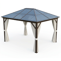 10' X 12' Hardtop Gazebo Canopy with Polycarbonate Roof, Aluminum Frame, Permanent Pavilion Outdoor Gazebo with Curtains for Patio, Garden, Backyard, Deck, Lawn, Dark Brown, Off-White — Studio Shot
