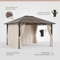 10' X 12' Hardtop Gazebo Canopy with Polycarbonate Roof, Aluminum Frame, Permanent Pavilion Outdoor Gazebo with Curtains for Patio, Garden, Backyard, Deck, Lawn, Dark Brown, Off-White — infographic