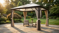 10' X 12' Hardtop Gazebo Canopy with Polycarbonate Roof, Aluminum Frame, Permanent Pavilion Outdoor Gazebo with Curtains for Patio, Garden, Backyard, Deck, Lawn, Dark Brown, Off-White — Lifestyle