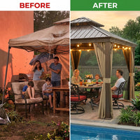 12 Ft.X12 Ft.Bronze Luxury Aluminum Frame Hardtop Gazebo for Patio Deck Backyard Netting Hooks Upgraded Curtain 24Lights — Before & After