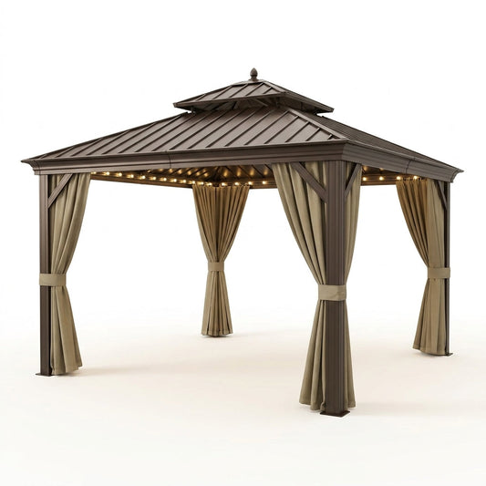12 Ft.X12 Ft.Bronze Luxury Aluminum Frame Hardtop Gazebo for Patio Deck Backyard Netting Hooks Upgraded Curtain 24Lights — Studio Shot