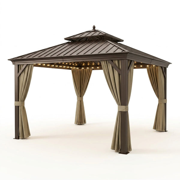 12 Ft.X12 Ft.Bronze Luxury Aluminum Frame Hardtop Gazebo for Patio Deck Backyard Netting Hooks Upgraded Curtain 24Lights — Studio Shot