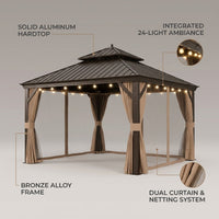 12 Ft.X12 Ft.Bronze Luxury Aluminum Frame Hardtop Gazebo for Patio Deck Backyard Netting Hooks Upgraded Curtain 24Lights — infographic
