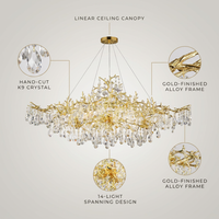 14-Lights Gold Luxury Crystal Linear Chandelier, Modern Tree Branch Chandelier for Dinning Room, Kitchen, Living Room — infographic