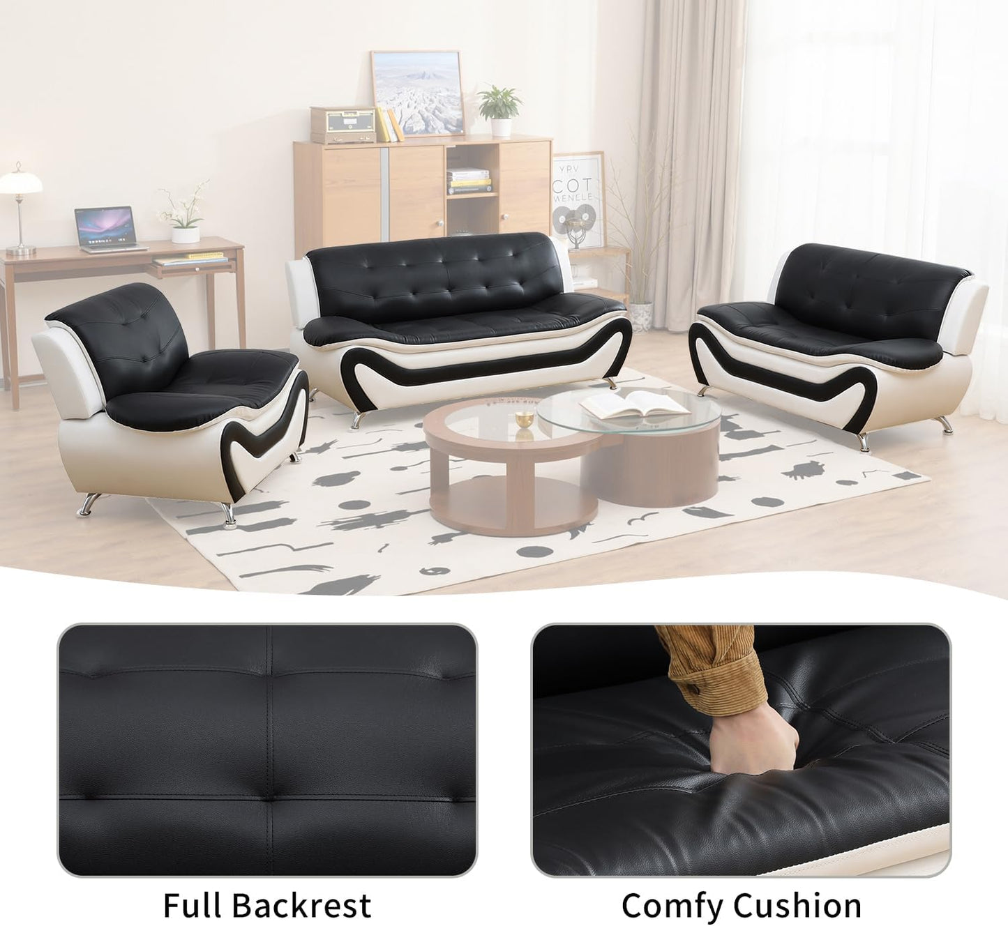 Leather Sofa Set,Leather Sofa Set for Living Room Furniture Sets, Loveseat Sofa with Chair 3-Piece for Living Room/Office/Apartment(Black&White)