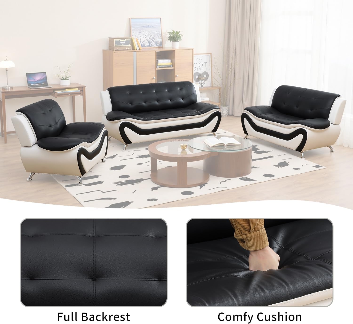 Leather Sofa Set,Leather Sofa Set for Living Room Furniture Sets, Loveseat Sofa with Chair 3-Piece for Living Room/Office/Apartment(Black&White)