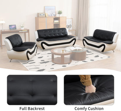 Leather Sofa Set,Leather Sofa Set for Living Room Furniture Sets, Loveseat Sofa with Chair 3-Piece for Living Room/Office/Apartment(Black&White)