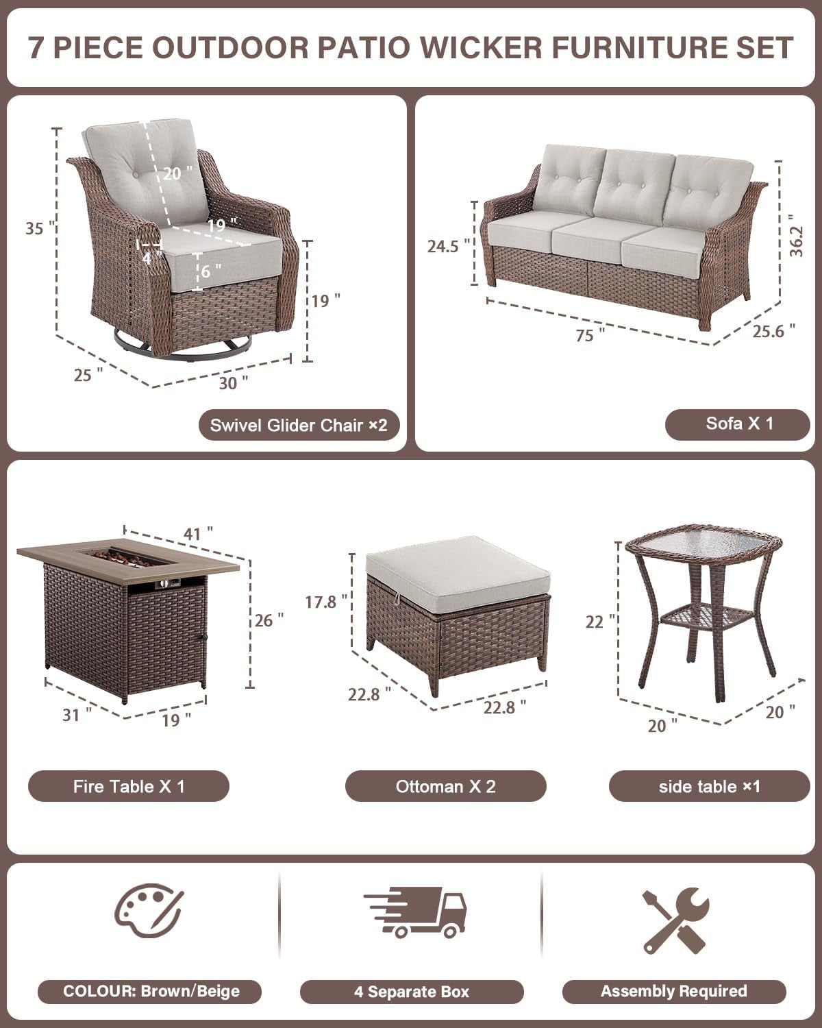 Luxurious 7 Piece Patio Furniture Set with Fire Pit Table, High Back Wicker Swivel Rocker Glider Outdoor Chairs with 6" Cushion, All-Weather Patio Conversation Set for Yard Garden - Brown/Beige