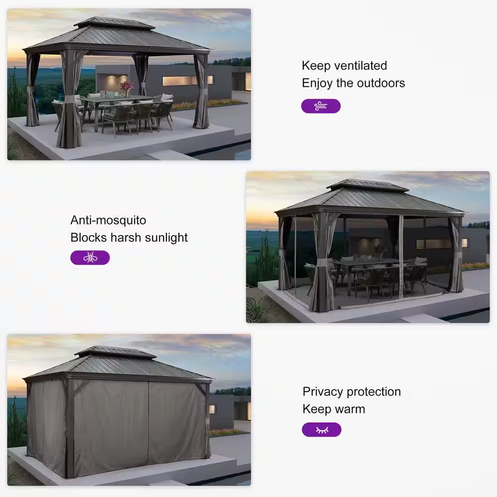 10 Ft.X 14 Ft. Gray Aluminum Power-Coated Frame Galvanized Steel Double Roof Hardtop Gazebo,Hooks, Netting,Gray Curtain