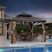 12 Ft.X12 Ft.Bronze Luxury Aluminum Frame Hardtop Gazebo for Patio Deck Backyard Netting Hooks Upgraded Curtain 24Lights