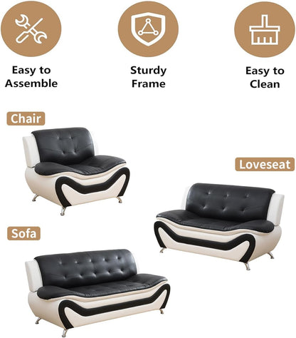 Leather Sofa Set,Leather Sofa Set for Living Room Furniture Sets, Loveseat Sofa with Chair 3-Piece for Living Room/Office/Apartment(Black&White)