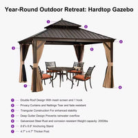 12 Ft.X12 Ft.Bronze Luxury Aluminum Frame Hardtop Gazebo for Patio Deck Backyard Netting Hooks Upgraded Curtain 24Lights