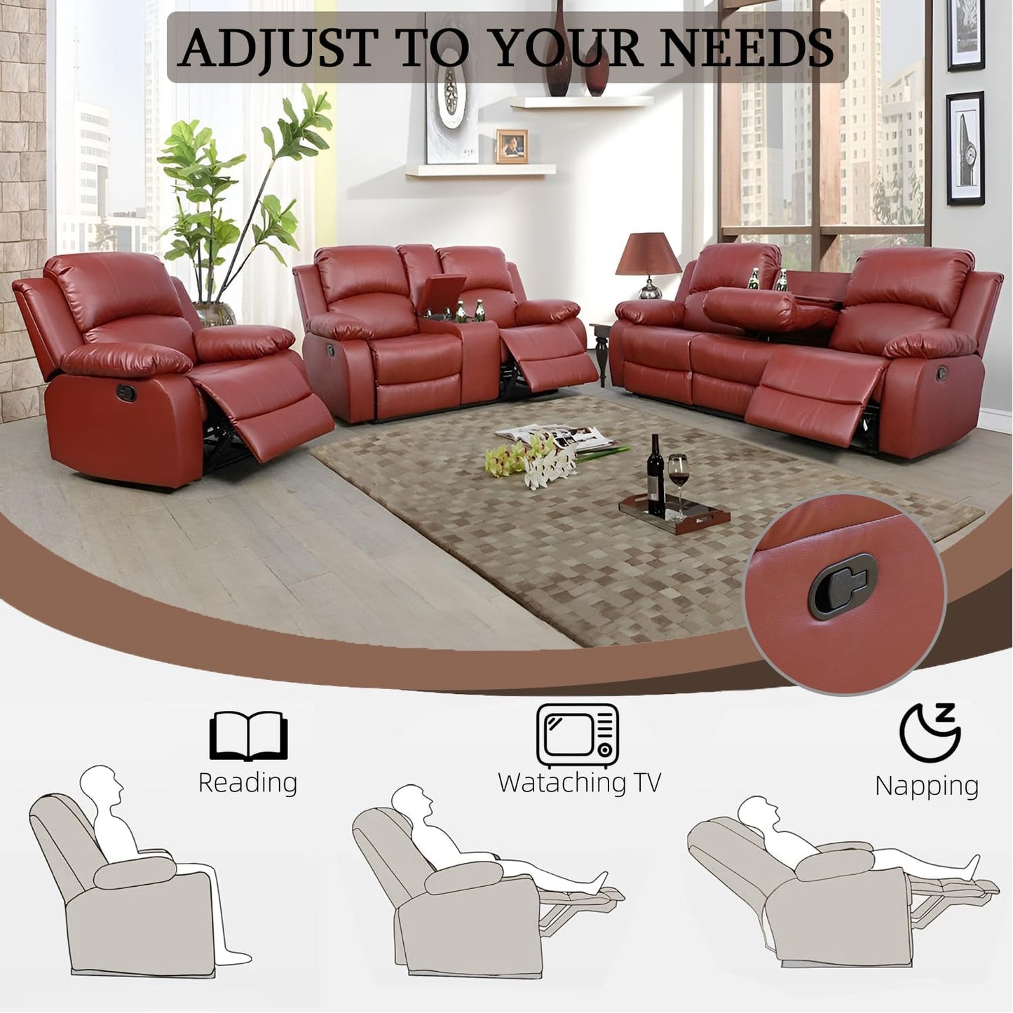 Leather Recliner Sofa Set，Leather Reclining Couch for Living Room Furniture Sets，Red Recliner Couch with 5 Recliners for Living Room/Office/Theater Seating(Sofa Set 3 Pieces)