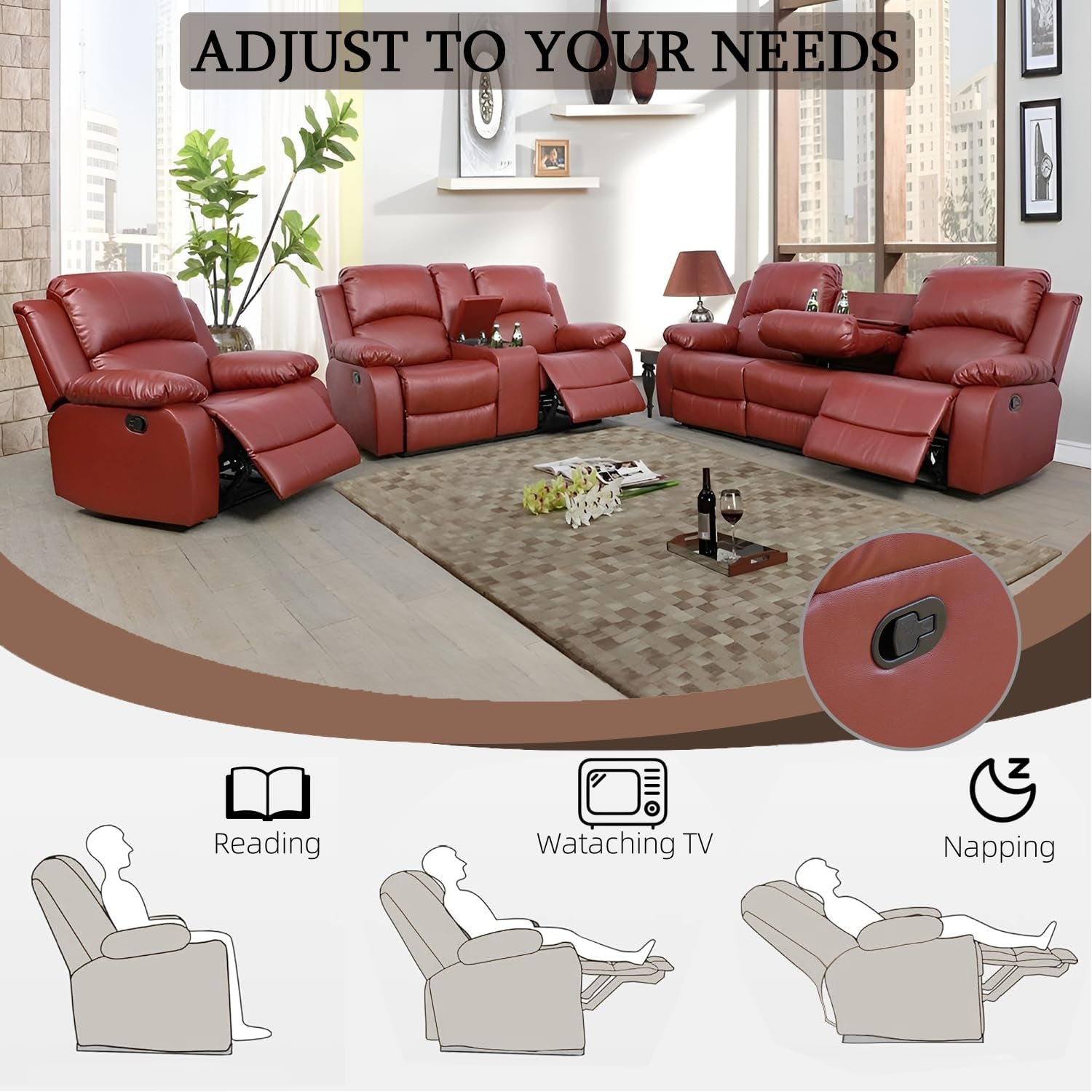 Leather Recliner Sofa Set，Leather Reclining Couch for Living Room Furniture Sets，Red Recliner Couch with 5 Recliners for Living Room/Office/Theater Seating(Sofa Set 3 Pieces)
