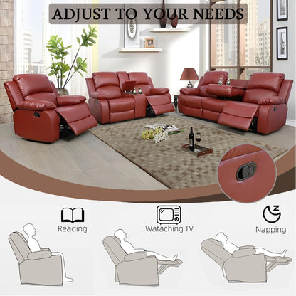 Leather Recliner Sofa Set，Leather Reclining Couch for Living Room Furniture Sets，Red Recliner Couch with 5 Recliners for Living Room/Office/Theater Seating(Sofa Set 3 Pieces)
