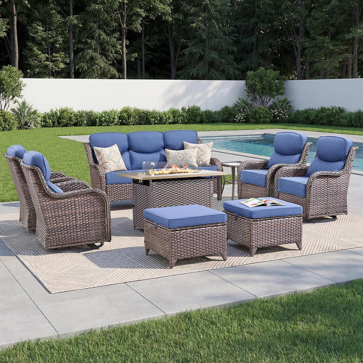 Luxury Patio Furniture Set with 6-Inch Thick Cushion, Outdoor Furniture with Fire Pit Table, Swivel Chairs, Sofa, Side Table, Ottomans, 9Pcs Wicker Conversation Set (Brown Wicker | Blue Cushion)