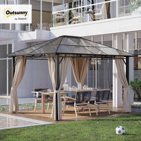10' X 12' Hardtop Gazebo Canopy with Polycarbonate Roof, Aluminum Frame, Permanent Pavilion Outdoor Gazebo with Curtains for Patio, Garden, Backyard, Deck, Lawn, Dark Brown, Off-White