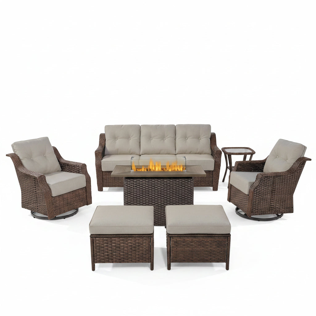 Luxurious 7 Piece Patio Furniture Set with Fire Pit Table, High Back Wicker Swivel Rocker Glider Outdoor Chairs with 6" Cushion, All-Weather Patio Conversation Set for Yard Garden - Brown/Beige