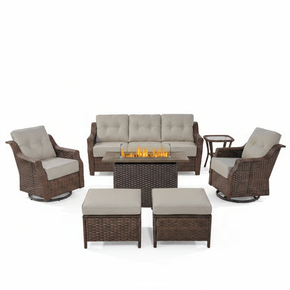 Luxurious 7 Piece Patio Furniture Set with Fire Pit Table, High Back Wicker Swivel Rocker Glider Outdoor Chairs with 6" Cushion, All-Weather Patio Conversation Set for Yard Garden - Brown/Beige