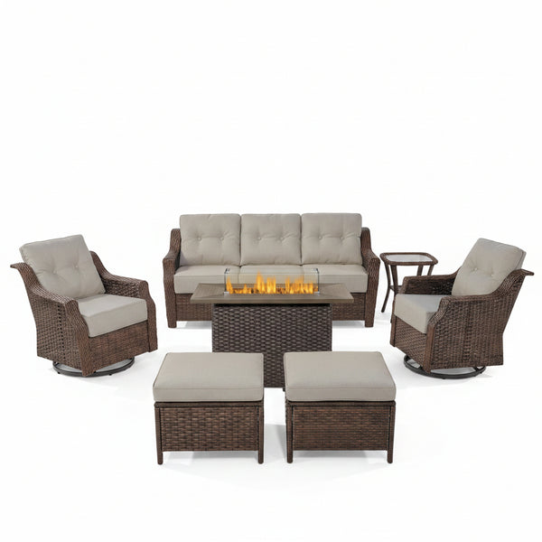 Luxurious 7 Piece Patio Furniture Set with Fire Pit Table, High Back Wicker Swivel Rocker Glider Outdoor Chairs with 6" Cushion, All-Weather Patio Conversation Set for Yard Garden - Brown/Beige