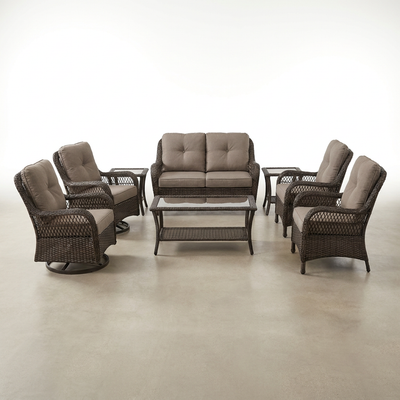 Patio Furniture Set Built to Transform Outdoor Living, 8 Piece Rattan, Swivel Rocking Chairs, Coffee Table