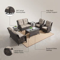 8 Pieces Patio Furniture Sets with Swivel Rocking Chairs,High-Back Rattan Patio Outdoor Conversation Set with 2-Seat Sofa & Coffee Table for Porch Deck Backyard Poolside — infographic