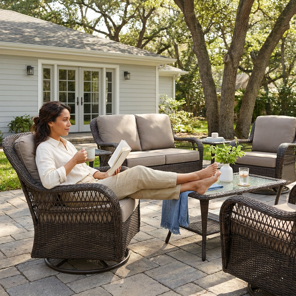 Patio Furniture Set Built to Transform Outdoor Living, 8 Piece Rattan, Swivel Rocking Chairs, Coffee Table