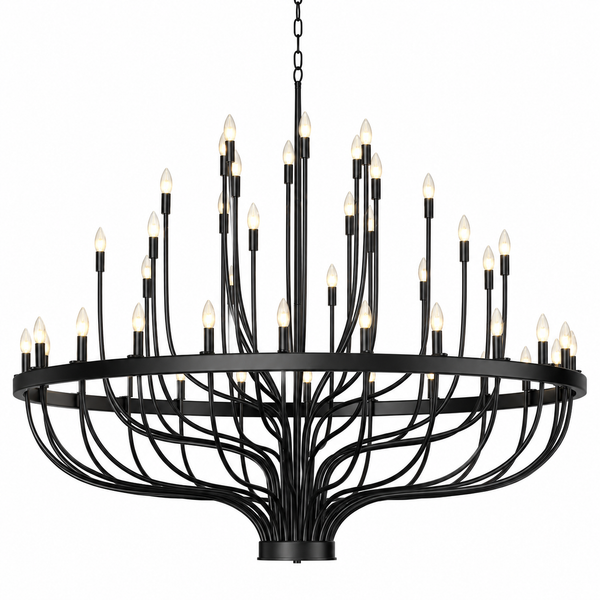 48 Light Large Black Candle Style Wagon Wheel Farmhouse Traditional Chandelier for High Ceilings Foyer Dining Room