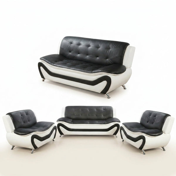 Living Room Furniture Set, Faux Leather Sofa Couch Set, 3 Pieces Modern Sofa Set for Living Room/Apartment/Office (Black&White) — Studio Shot