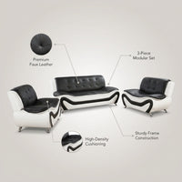 Living Room Furniture Set, Faux Leather Sofa Couch Set, 3 Pieces Modern Sofa Set for Living Room/Apartment/Office (Black&White) — infographic