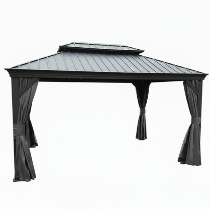 10 Ft.X 14 Ft. Gray Aluminum Power-Coated Frame Galvanized Steel Double Roof Hardtop Gazebo,Hooks, Netting,Gray Curtain