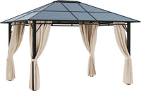 10' X 12' Hardtop Gazebo Canopy with Polycarbonate Roof, Aluminum Frame, Permanent Pavilion Outdoor Gazebo with Curtains for Patio, Garden, Backyard, Deck, Lawn, Dark Brown, Off-White