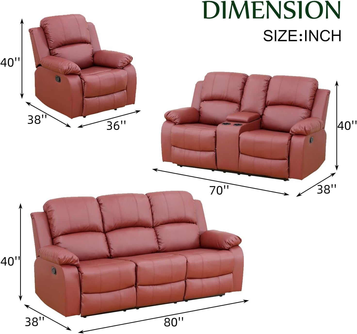 Leather Recliner Sofa Set，Leather Reclining Couch for Living Room Furniture Sets，Red Recliner Couch with 5 Recliners for Living Room/Office/Theater Seating(Sofa Set 3 Pieces)