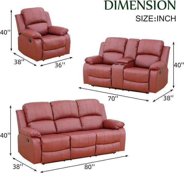 Leather Recliner Sofa Set，Leather Reclining Couch for Living Room Furniture Sets，Red Recliner Couch with 5 Recliners for Living Room/Office/Theater Seating(Sofa Set 3 Pieces)