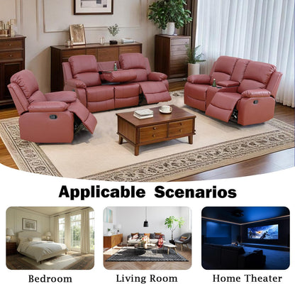 Leather Recliner Sofa Set，Leather Reclining Couch for Living Room Furniture Sets，Red Recliner Couch with 5 Recliners for Living Room/Office/Theater Seating(Sofa Set 3 Pieces)