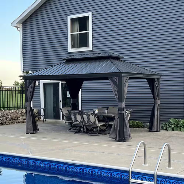 10 Ft.X 14 Ft. Gray Aluminum Power-Coated Frame Galvanized Steel Double Roof Hardtop Gazebo,Hooks, Netting,Gray Curtain