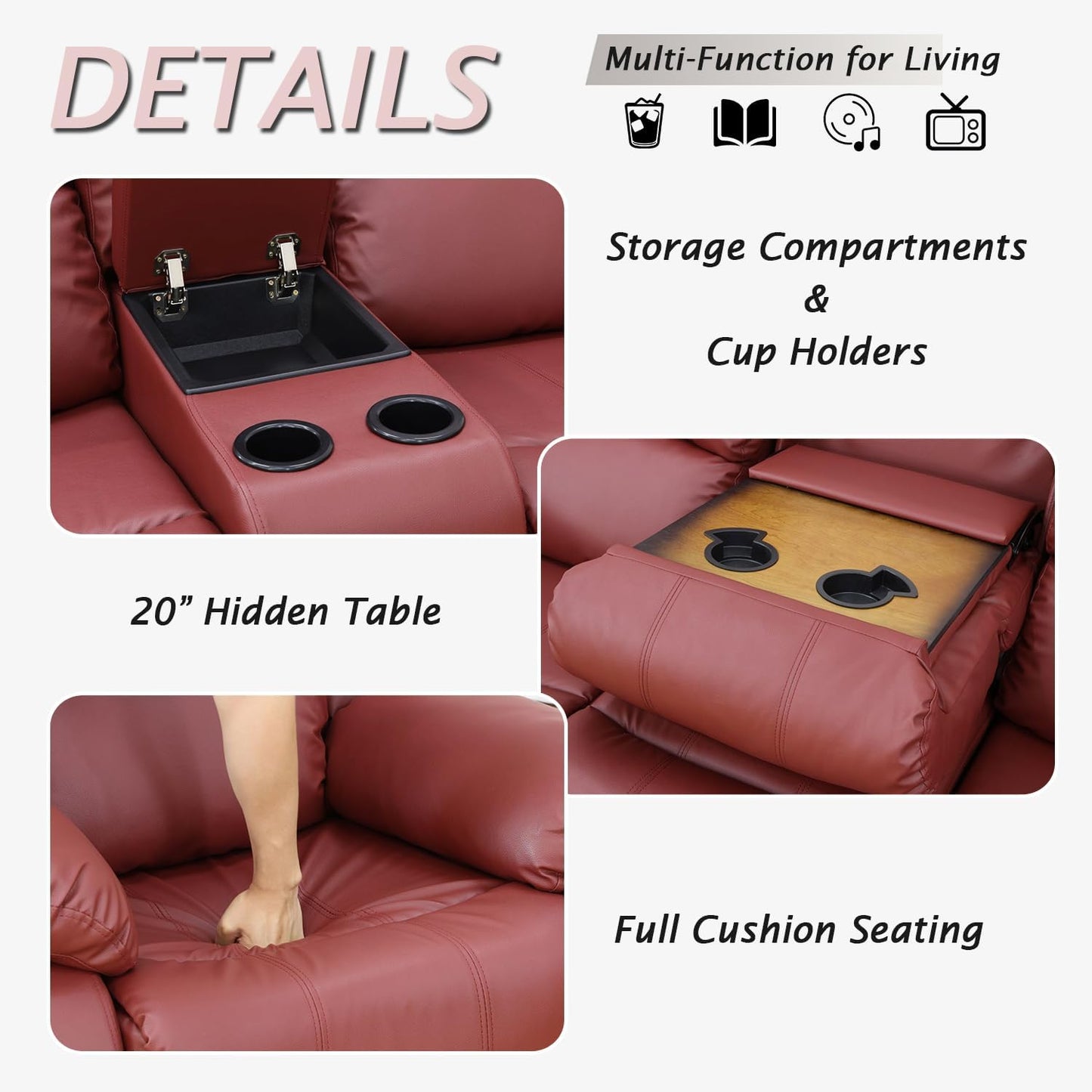 Leather Recliner Sofa Set，Leather Reclining Couch for Living Room Furniture Sets，Red Recliner Couch with 5 Recliners for Living Room/Office/Theater Seating(Sofa Set 3 Pieces)