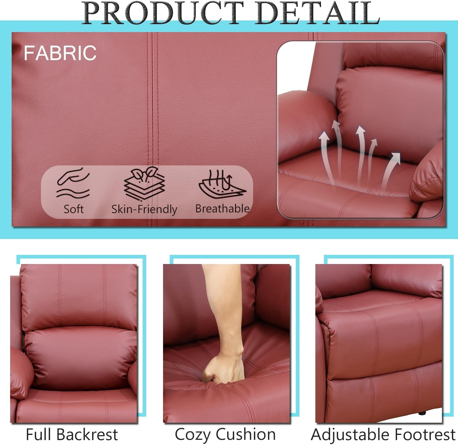 Leather Recliner Sofa Set，Leather Reclining Couch for Living Room Furniture Sets，Red Recliner Couch with 5 Recliners for Living Room/Office/Theater Seating(Sofa Set 3 Pieces)